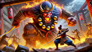 Momotaro duels the fearsome ogre king in an intense and powerful battle within the fortress.