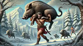 Heracles carrying the massive Erymanthian Boar through a snowy landscape with a look of triumph.