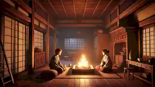 Haruka and Yuta sit by the fire, their expressions tense, as they discuss the unsettling behavior of the Zashiki-warashi.