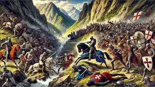 The battle of Roncevaux Pass with knights clashing against the Saracens in a narrow mountain pass.