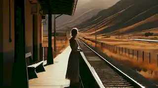 A woman standing at the edge of a train station platform, looking out at the tracks and the distant hills in the sunset.