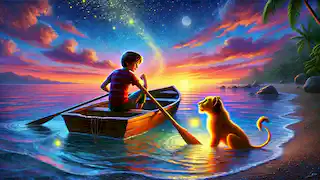 Leo paddling back to shore at dawn, with a glowing firefly circling him.