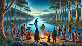 The Aboriginal tribe gathers by the clear river, performing a ceremonial offering as peace returns to the land.