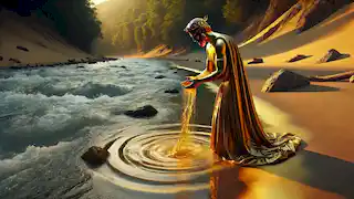 King Midas washes his hands in the river Pactolus, watching the golden hue fade as he lifts the curse.