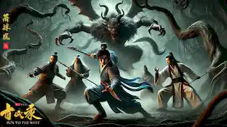 Sun Wukong and his companions fight a fierce demon in a dark, twisted forest, with tension and danger in the air.