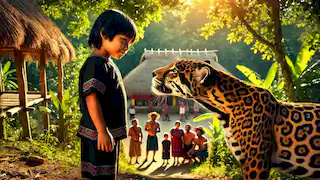 Itzamná faces a majestic black jaguar in a jungle village as villagers watch from a distance.