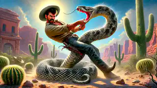 Pecos Bill wrestling a giant rattlesnake in the desert, showing his strength and courage.