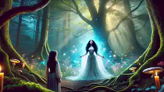 Elara stands before the Guardian of the forest, who is bathed in an ethereal glow in a magical forest glade.