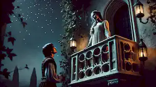 Romeo gazes up at Juliet on her balcony during a tender night scene in the Capulet's orchard.