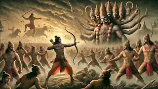 Rama with a drawn bow faces Ravana, depicted with ten heads and multiple weapons, in the final battle.