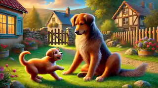 Max offers advice to a young puppy in a village yard, with the warm glow of the afternoon sun lighting the scene.