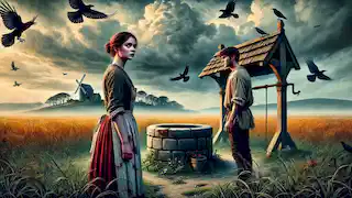 Brigid and Darragh stand by a well, surrounded by misty fields under an ominous sky filled with circling crows.