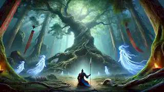 Lu Fei kneels before a glowing, ancient tree surrounded by ethereal spirits in an enchanted forest.