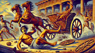 Oenomaus falling from his chariot during the race, with Pelops racing ahead in the background.