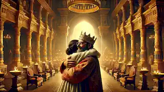 King Midas embraces his daughter, restored to life, in a warm palace setting filled with relief and love.