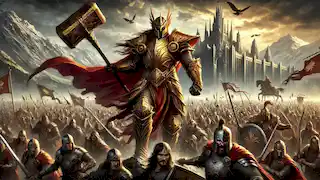 Fereydun leads his army toward Zahhak's palace, banners waving and swords raised for battle.