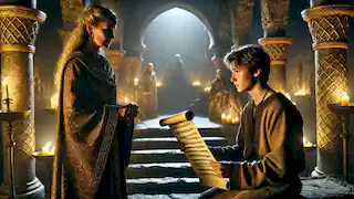 Eadric holds an ancient scroll in a dimly lit temple while Seraphine, in ceremonial robes, watches him.