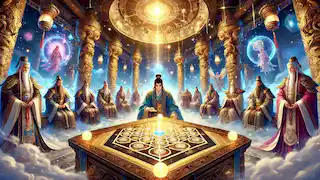 Chang'e solving the puzzle in the Heavenly Court, observed by gods and deities.