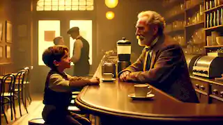 An older man sits beside a young boy at the café, passing on the wisdom about love that he once received years ago.