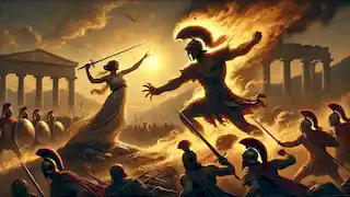 Athena and Ares duel fiercely on the battlefield of Phlegra, surrounded by soldiers watching in awe.