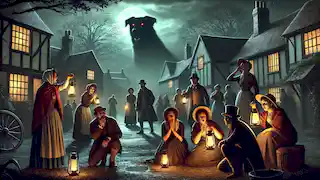 Frightened villagers gather in a dimly lit village, whispering about the Black Dog’s appearance.