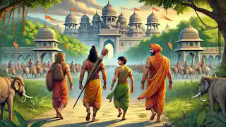 Rama, Sita, and Lakshmana dressed in simple forest attire, leaving Ayodhya for their exile.