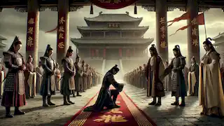 Song Jiang and his comrades stand before the Emperor's envoy, contemplating the offer of imperial amnesty.