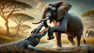 The Crocodile biting the Elephant's leg as the Elephant endures the pain with determination.