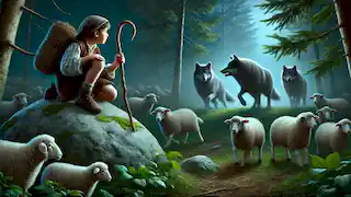 The shepherd boy watches fearfully as two wolves creep toward the flock of sheep from the dark forest.