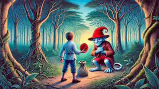 João holds the Saci's red cap after capturing the creature in a bag, as the forest around them is calm.