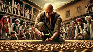 Hasan Kachal, bald and determined, planting the golden seed in the center of the village square.