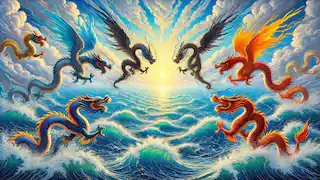 The four dragons diving into the vast East Sea, collecting water to bring rain to the parched lands.