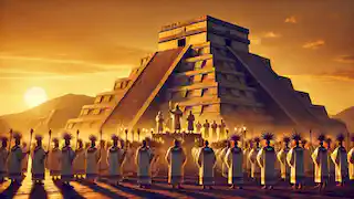 Priests at Templo Mayor perform a ritual sacrifice at sunset, with the pyramid bathed in golden light.