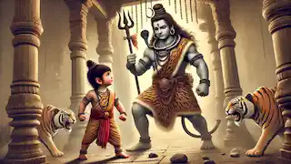 Ganesha confronts Lord Shiva outside Parvati's quarters, both standing ready in a tense standoff.