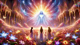 The Oracle speaks to the princesses in the radiant Land of Light, with Eira stepping forward to sacrifice.