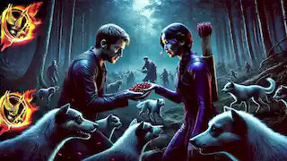 Katniss and Peeta stand in a dark forest clearing, holding poisonous berries, determined to defy the Capitol