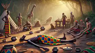 Exhausted Anansi lies on the ground with a thin waist, surrounded by animals showing pity and amusement.