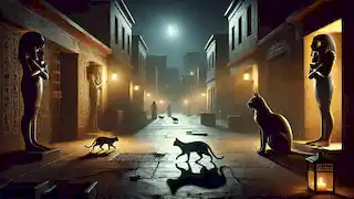 Bastet in her cat form prowling through the streets of an ancient Egyptian city, protecting its inhabitants.