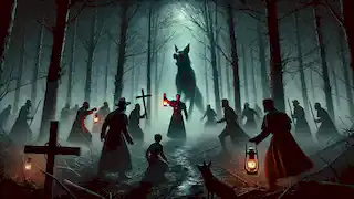 Father Edward and men confront the Black Dog in the foggy woods, holding lanterns and a crucifix.