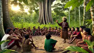 Elder Tainá teaches young villagers about the forest in an Amazon clearing, passing down Curupira's wisdom.