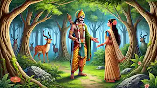 Ravana, disguised as an ascetic, encounters Sita in the forest, with a golden deer in the background.