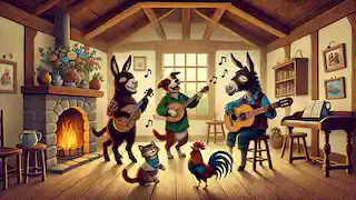 Donkey, dog, cat, and rooster playing music in a cozy, well-lit room with wooden furniture and a fireplace, all looking happy.