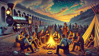 Railroad workers gather around a campfire, sharing stories about John Henry at the end of a long day.