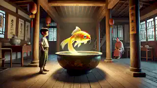 Chen watches in awe as the golden fish speaks, while his mother observes from the background