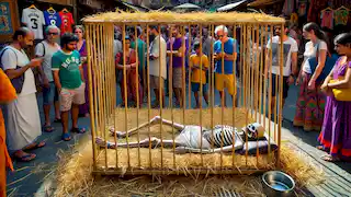 The hunger artist lies on straw inside a cage, watched by a few curious onlookers in a busy marketplace.