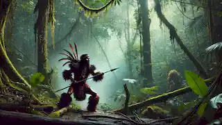 A Shuar warrior stands ready for battle in the dense Ecuadorian rainforest, holding a spear with focused determination.