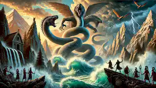 Tren Tren and Cai Cai, colossal serpents of earth and sea, clash in an epic battle while Lituche and Kuyén watch from a cliff.