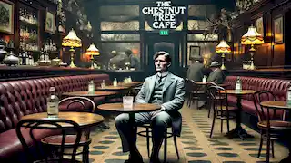 Winston sitting alone in the Chestnut Tree Café, staring blankly at the telescreen with a glass of gin in front of him.