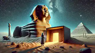 Dr. Lena Hassan uncovers an entrance at the base of the Sphinx, holding a tablet as mystical light glows from the chamber.