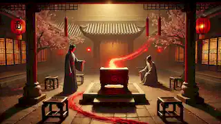 Lin Wei opens a carved box on an altar, revealing a glowing red thread amidst a sunset-lit courtyard.